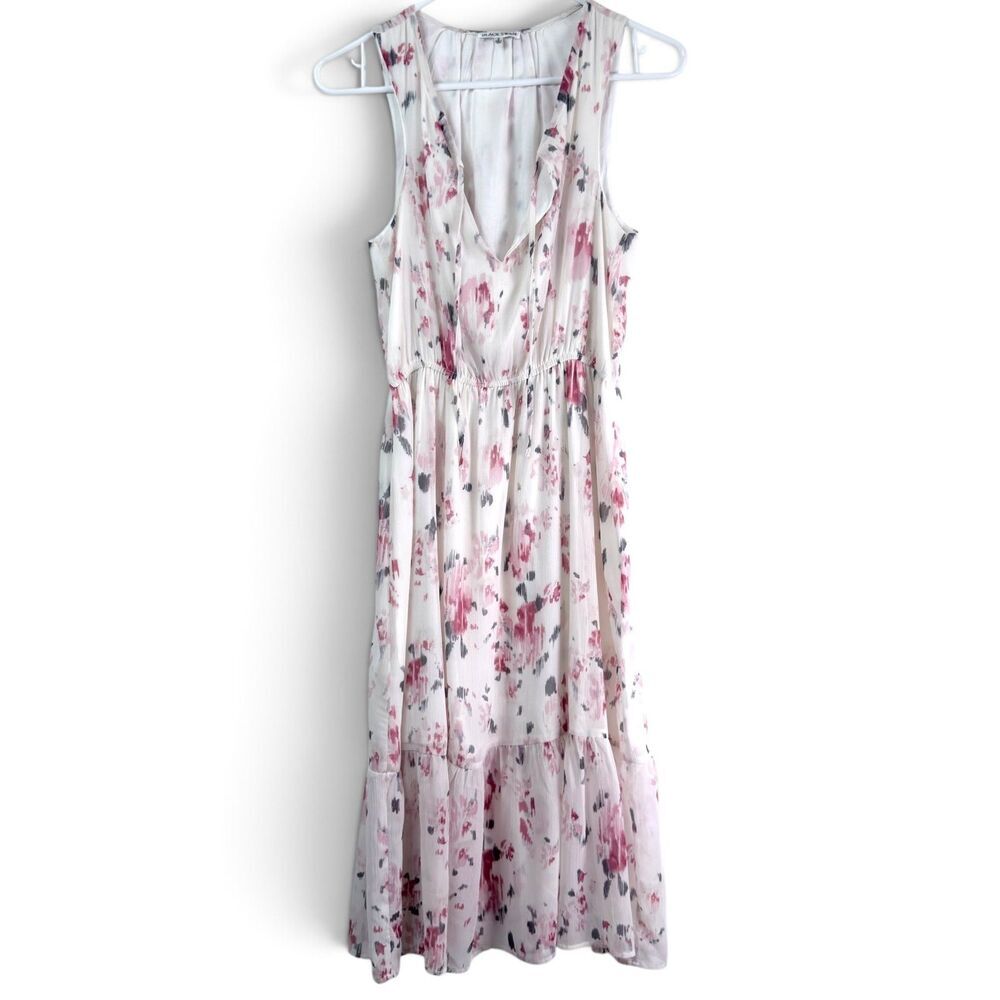 floral watercolor midi dress tiered v-neck romantic boho size small by black swa - Picture 2 of 6